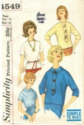 4549 SIMPLICITY 1962 SIMPLE KIMONO SLEEVE BLOUSE PATTERN SIZE 12 BUST 32"